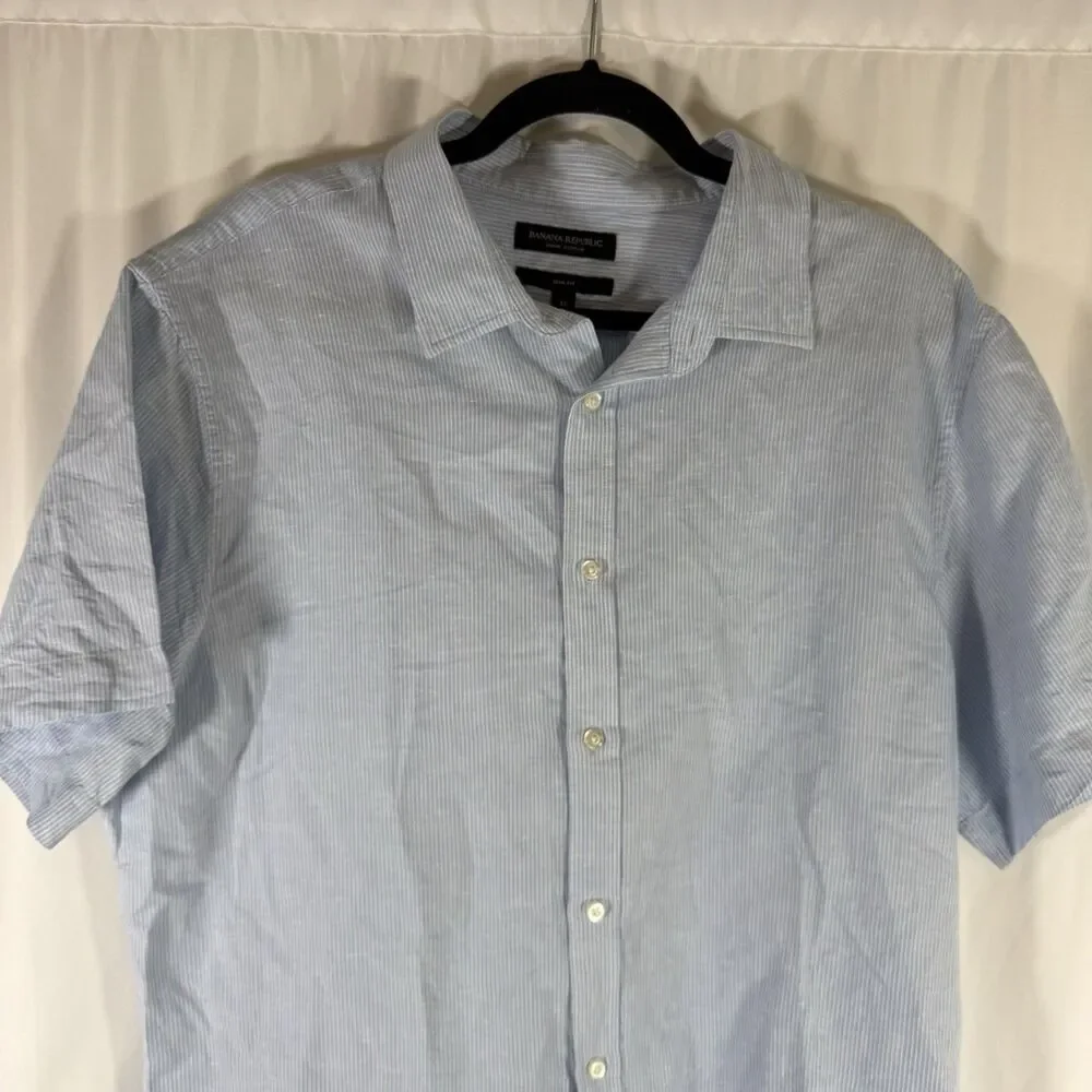 Banana Republic Linen Blend Shirt Men's XL Blue Striped Button Up Short Sleeve
